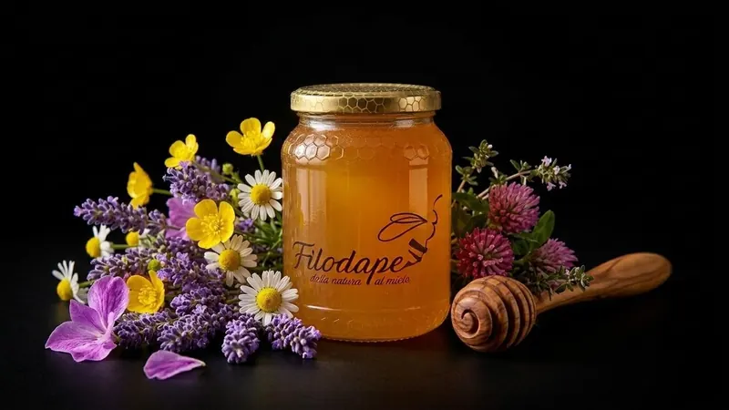 Vasetto di miele millefiori della pianura friulana Filodape con fiori di campo